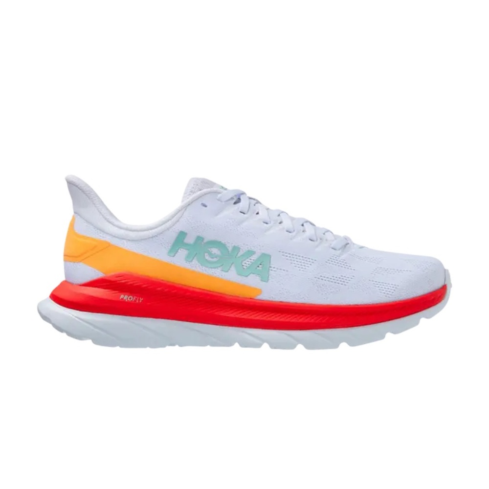 Hoka Men’s Mach 4 Profly Runners in White/Fiesta Red